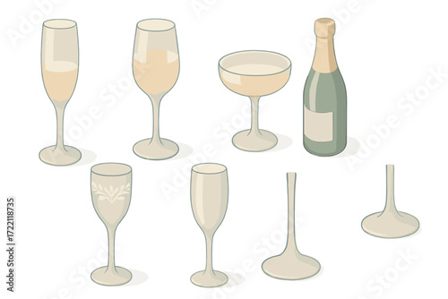 Champagne Glass Variety. Isometric vector illustration set Champagne Glass Styles and Details: classic flute with narrow bowl,