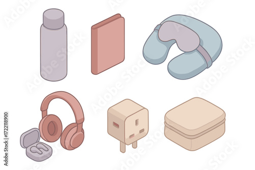 Travel Accessories Illustration. Isometric vector illustration set Travel Accessories: thermal flask with lid, passport holder,