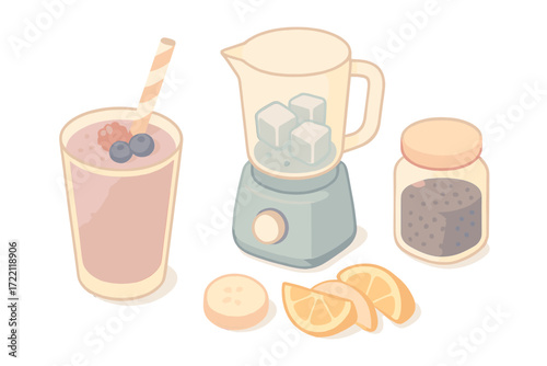 Smoothie Bar Essentials. Isometric vector illustration set Smoothie Bar Items: tumbler with thick smoothie, frozen berries on top,