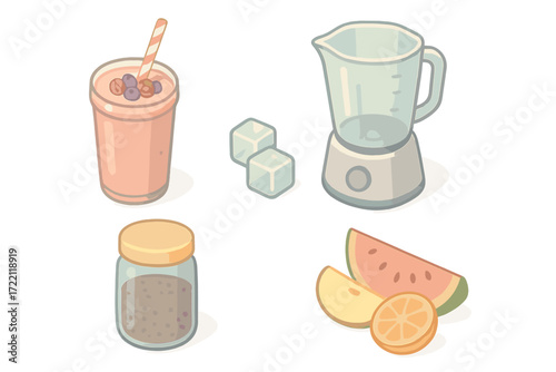 Smoothie Bar Essentials. Isometric vector illustration set Smoothie Bar Items: tumbler with thick smoothie, frozen berries on top,