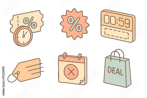 Isometric Sale Icons. Isometric vector illustration set Limited Time Offers: clock and coupon combo, flashing percentage badge,