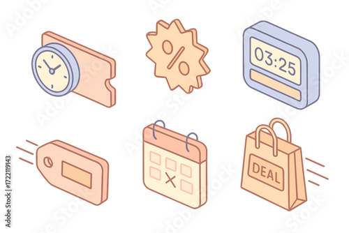 Isometric Sale Icons. Isometric vector illustration set Limited Time Offers: clock and coupon combo, flashing percentage badge,