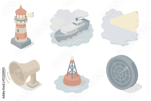 Coastal Navigation Icons. Isometric vector illustration set Coastal Navigation Icons: lighthouse with rotating beacon, ship in