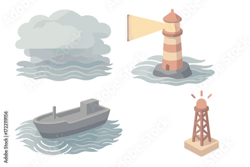 Beacon in Sea Fog. Isometric vector illustration set Beacon Visibility Conditions: layered sea fog, lighthouse casting warm light,