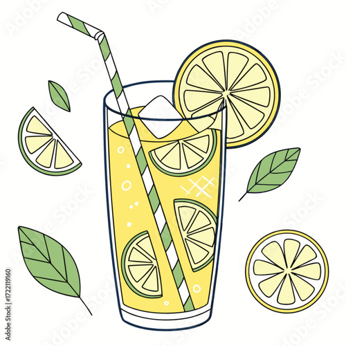 Refreshing Lemonade Illustration with Slices Ice and Striped Straw in Tall Glass.