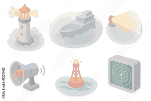Beacon in Sea Fog. Isometric vector illustration set Beacon Visibility Conditions: layered sea fog, lighthouse casting warm light,