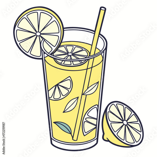 Refreshing Lemonade Drink in a Tall Glass with Lemon Slices and Straw.