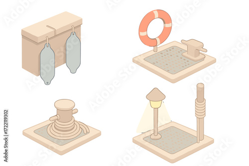 Mooring Safety Equipment. Isometric vector illustration set Mooring Safety Equipment: boat fenders on dock edge, lifebuoy mounted