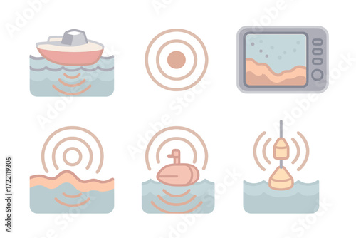 Sonar Exploration Icons. Isometric vector illustration set Sonar-Based Exploration: sonar waves under small vessel, ping icon with