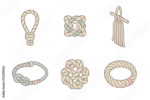 Isometric Nautical Knots. Isometric vector illustration set Decorative Nautical Knots: knotted rope forming loop art,