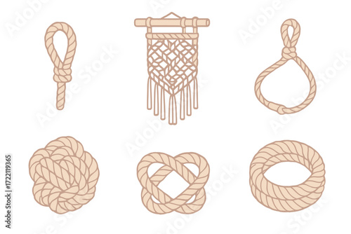 Isometric Nautical Knots. Isometric vector illustration set Decorative Nautical Knots: knotted rope forming loop art,