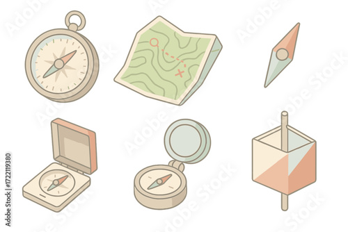 Orienteering Gear Icons. Isometric vector illustration set Orienteering Gear Icons: compass with degree wheel, terrain map with