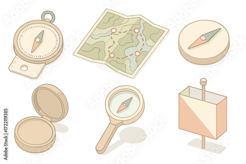 Orienteering Gear Icons. Isometric vector illustration set Orienteering Gear Icons: compass with degree wheel, terrain map with
