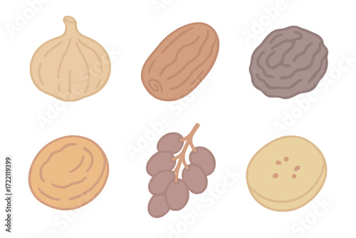 Dried Fruits Isometric Set. Isometric vector illustration set of dried fruits: dried fig, dried date, dried prune, dried apricot,