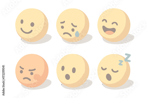 Cute Emoji Set. Isometric vector illustration set of cute round emoji faces: happy smiling face, sad teardrop face, laughing with