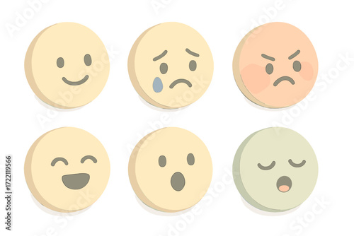 Cute Emoji Set. Isometric vector illustration set of cute round emoji faces: happy smiling face, sad teardrop face, laughing with