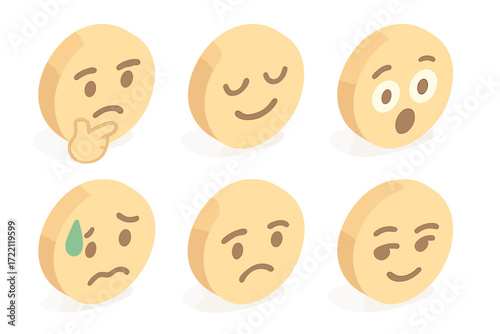 Emoji Expressions. Isometric vector illustration set of simple emoji faces: thinking face, relieved smile, shocked wide eyes,