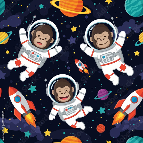 Cute cartoon monkeys in astronaut suits floating in space with planets stars and rockets