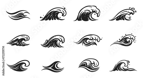 Black and white illustrations of various ocean waves and water crests