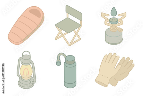 Survival Essentials Icons. Isometric vector illustration set of shelter and survival icons: sleeping bag, folding chair, camp
