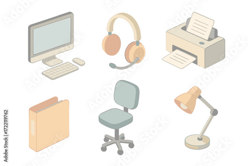 Office Essentials Isometric. Isometric vector illustration set of office tools: desktop computer, headset, printer, document