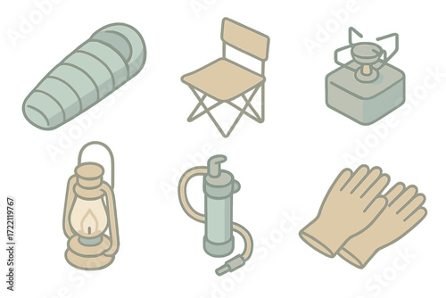 Survival Essentials Icons. Isometric vector illustration set of shelter and survival icons: sleeping bag, folding chair, camp