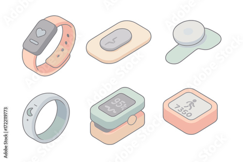 Wearable Health Tech Icons. Isometric vector illustration set of wearable healthcare icons: fitness tracker band, ECG patch,