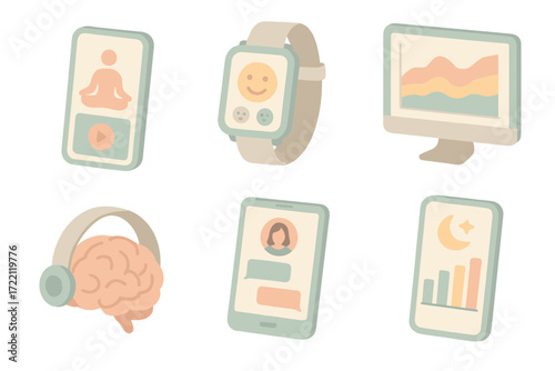 Mental Health Icons. Isometric vector illustration set of mental health digital icons: meditation app, mood tracker, stress level