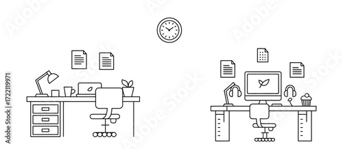 Vector thin line workspace scene featuring minimalist office elements, modern desk setup, and clean design, perfect for professional, creative, and business-related illustrations and presentations.