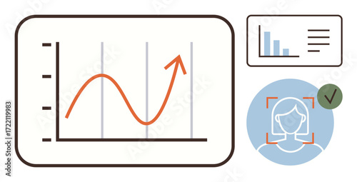 Line graph showing growth trend, bar chart for analytics, facial recognition icon with verified checkmark. Ideal for technology, data, authentication, business, statistics, AI progress metrics