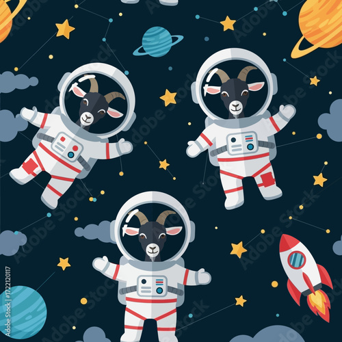 Whimsical cartoon goats in astronaut suits floating in space with planets stars and a rocket