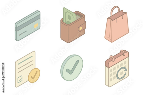 Personal Loan Icons. Isometric vector illustration set of personal loan icons: credit card, wallet with cash, shopping bag, loan
