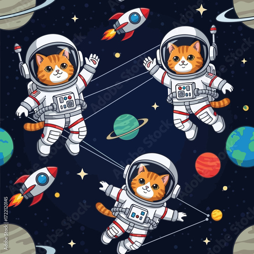 Playful cartoon cats in astronaut suits float happily in deep space with planets and rockets