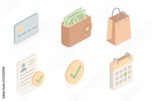 Personal Loan Icons. Isometric vector illustration set of personal loan icons: credit card, wallet with cash, shopping bag, loan