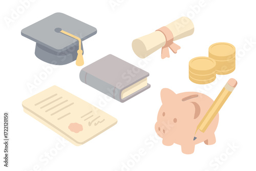 Student Loan Icons. Isometric vector illustration set of student loan icons: graduation cap, diploma, tuition book, coin stack,