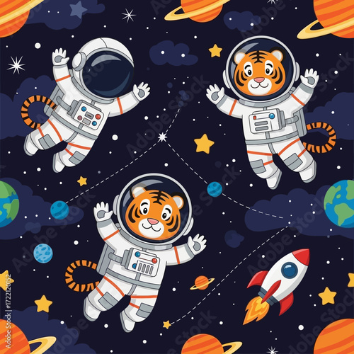 Cute cartoon tigers and astronaut exploring space with planets stars and a rocket Kids adventure