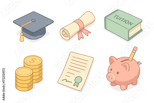 Student Loan Icons. Isometric vector illustration set of student loan icons: graduation cap, diploma, tuition book, coin stack,