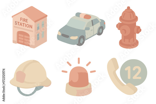 Emergency Service Icons. Isometric vector illustration set of emergency service icons: fire station, police car, fire hydrant,