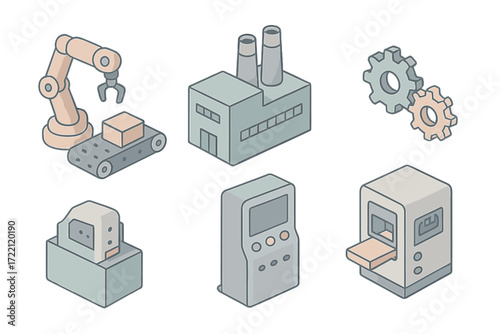 Industrial Technology Icons. Isometric vector illustration set of industrial technology icons: robotic arm, conveyor belt, factory