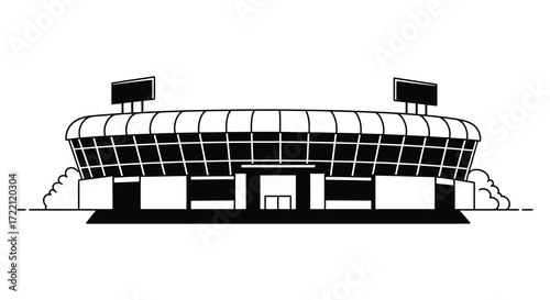 Simple black and white illustration of a stadium with a curved facade