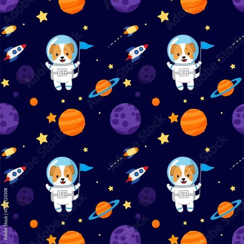 Seamless cosmic pattern with cartoon dogs in astronaut suits planets stars and rockets