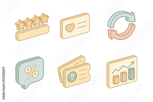 Customer Performance Icons. Isometric vector illustration set of customer performance icons: star rating, customer loyalty card,