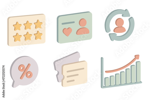 Customer Performance Icons. Isometric vector illustration set of customer performance icons: star rating, customer loyalty card,