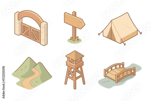 Protected Area Symbols. Isometric vector illustration set of protected area icons: national park gate, wooden sign, camping tent,