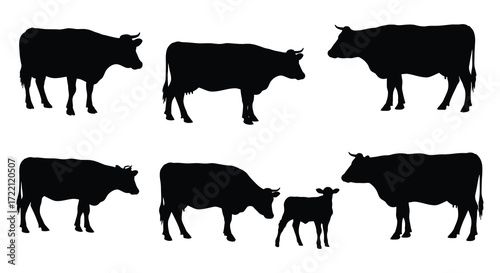 Silhouettes of cows and a calf against a plain white background