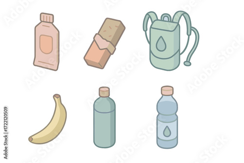 Hydration and Nutrition Icons. Isometric vector illustration set of hydration and nutrition icons: energy gel, protein bar,