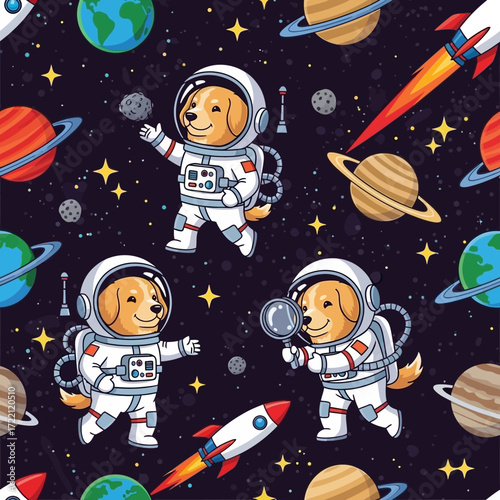 Cute golden retriever astronauts explore outer space with planets and rockets Fun educational kids design