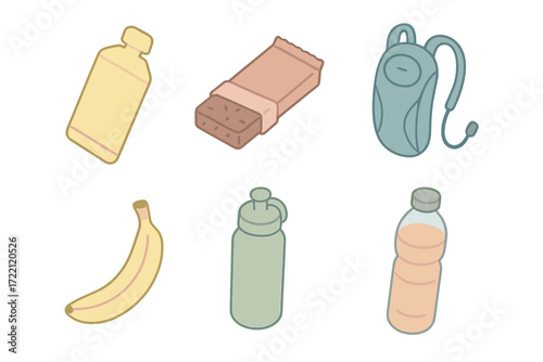 Hydration and Nutrition Icons. Isometric vector illustration set of hydration and nutrition icons: energy gel, protein bar,