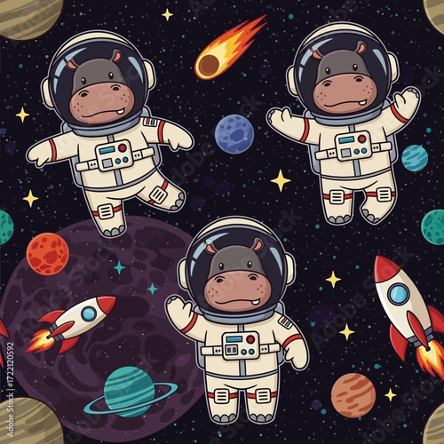 Cartoon astronaut hippos explore colorful outer space with planets and stars Kids fun adventure concept