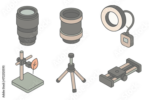 Macro Photography Tools. Isometric vector illustration set of macro photography icons: macro lens, extension tube, focus rail,